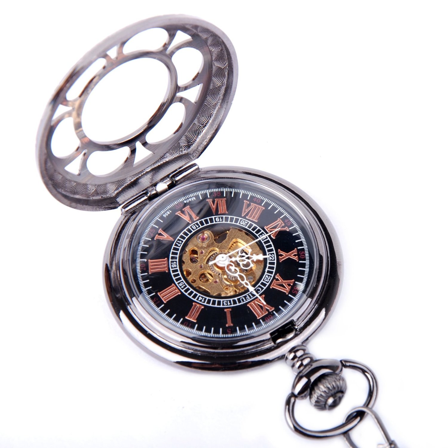 Skeleton Black Pocket Watch with Chain